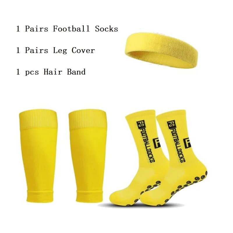 3Pcs Set FS Soccer Socks Anti-Slip Grip Football Socks Men Women Shin Guard Leg Cover Running Yoga Gym Elastic Sport Headband