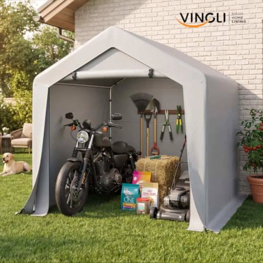 Outdoor portable storage shed for motorcycles, garden tools, and firewood; heavy-duty polyethylene fabric; gray; waterproof, UV