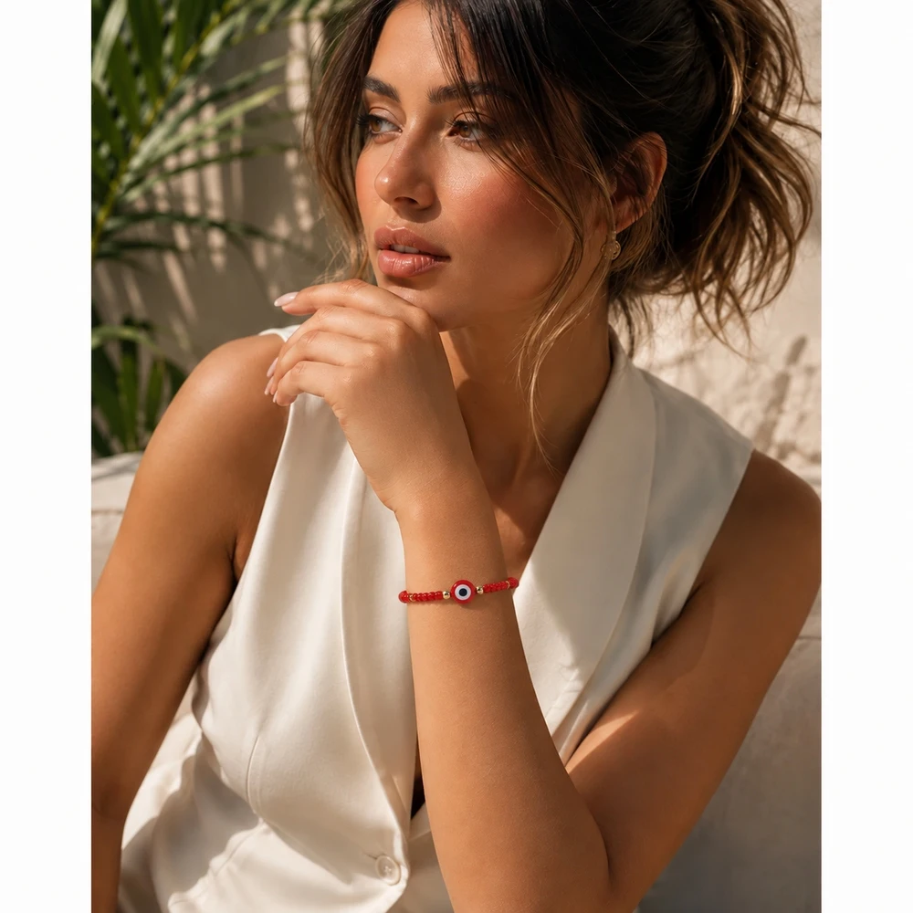 1pc Red Beaded Strand Bracelet with Round Evil Eye Center Golden Color Accent Beads Adjustable Sliding Knot Minimalist
