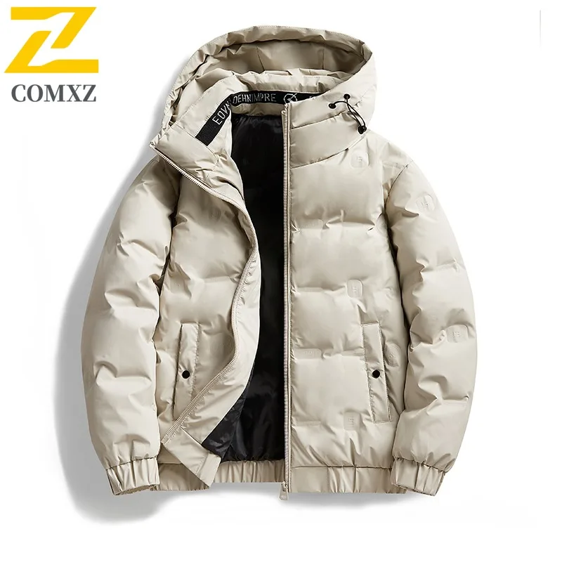 COMXZ 2025 Men Winter Hooded solid color Puffer Jacket American Style Waterproof Windproof Casual Outdoor Sport Coat Windbreaker