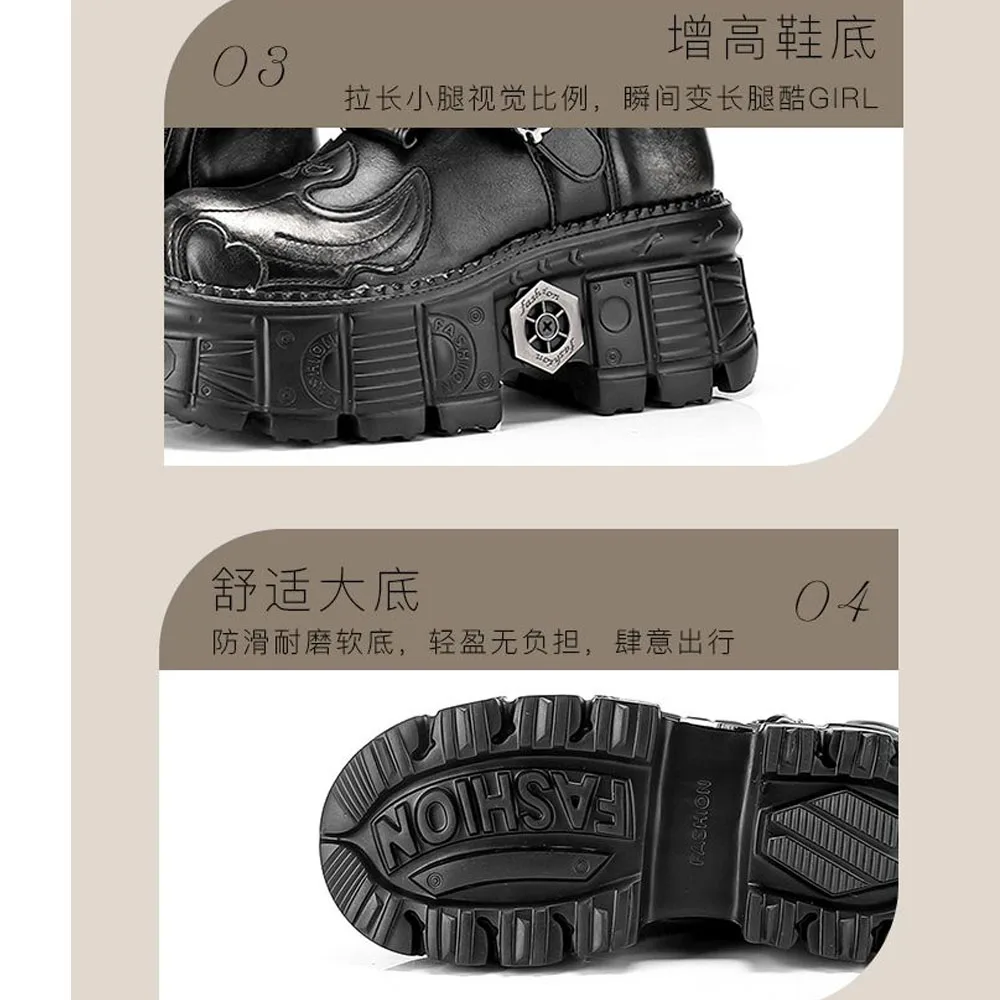 Fashion Punk Genuine Leather Motorcycle Boots Street British Platform Heavy Metal Workwear Sexy Rock Mid-calf Boots Zip Flame