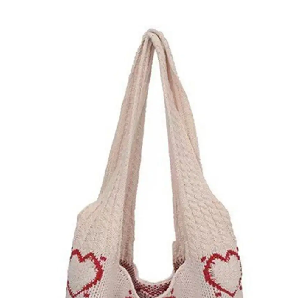 Women Crochet Shoulder Bag Large Capacity Heart Pattern Woven Sling Bag Versatile Knitted Shopping Bag Daily Shoulder Bag