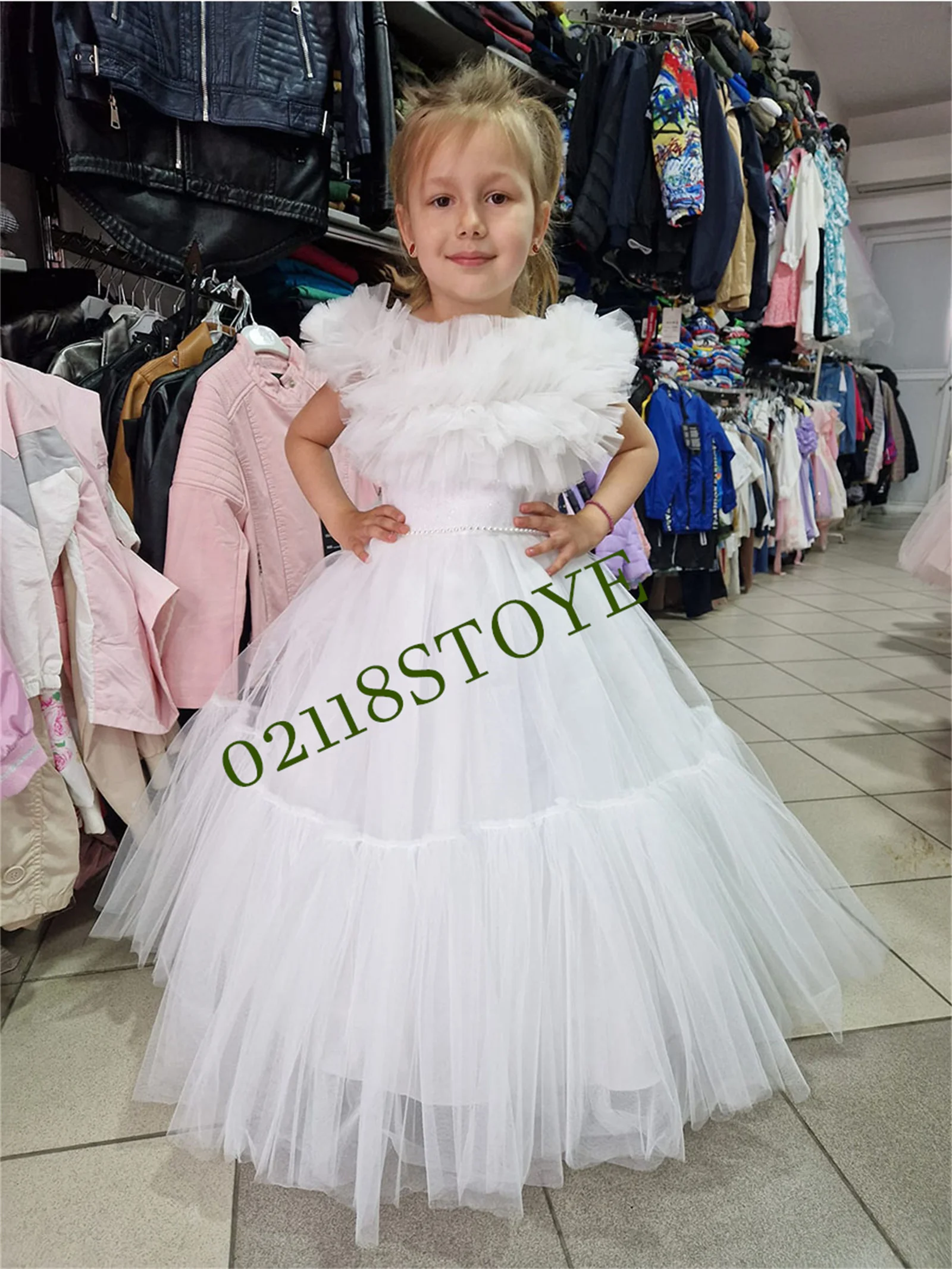 

White Flower Girl Dresses For Wedding Puff Sleeve Floor Length Pageant First Communion Dress Toddlers Pleated Tulle Party Gowns