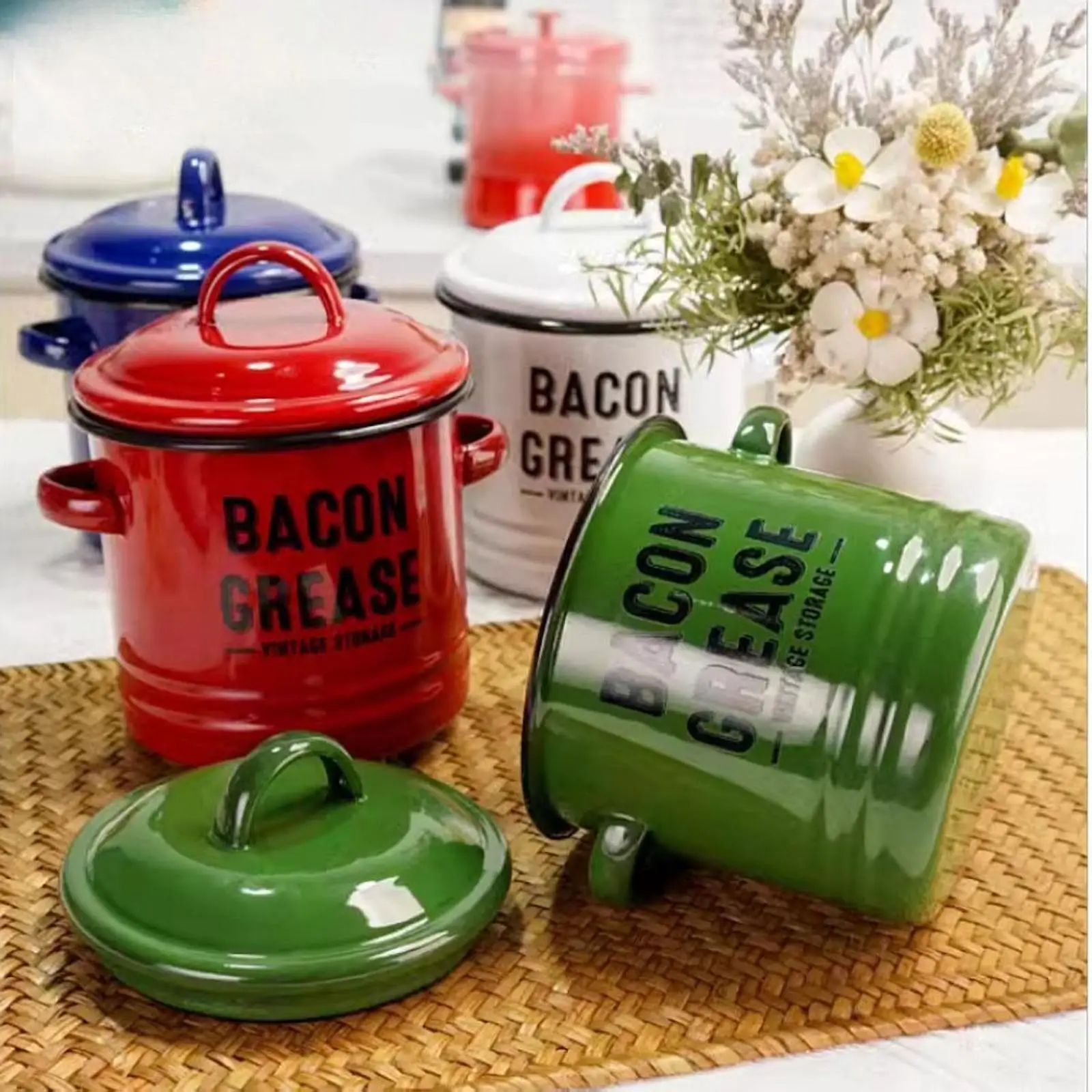 Enamel Pig Oil Tank Mini Double Ear Small Stew Pot Retro Multifunctional Seasoning Tank Storage Tank With Lid Food Grade