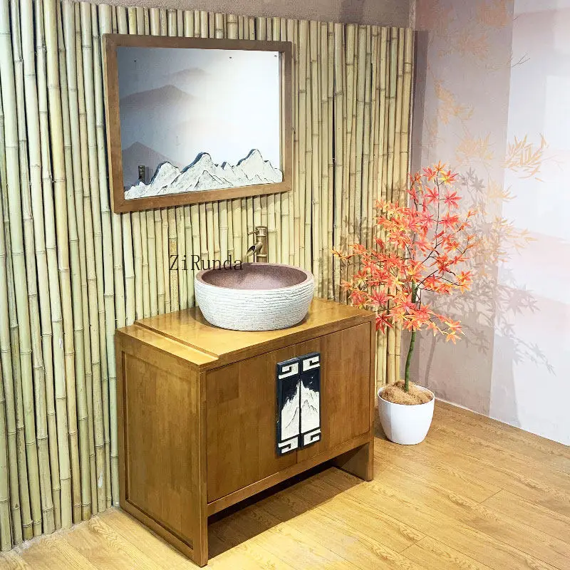 

New Chinese-style carved bathroom cabinet combination, solid wood oak bathroom washbasin, bathroom washbasin cabinet
