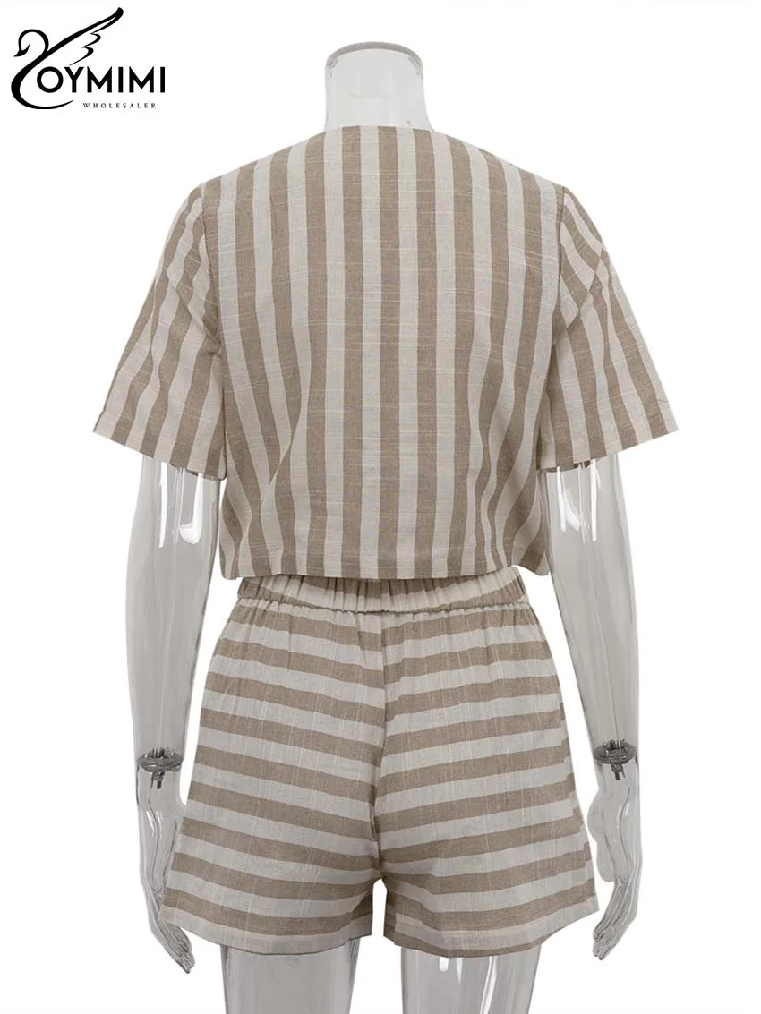 Oymimi Elegamt Apricot Striped Print Women 2 Piece Set Outfit Casual O-Neck Short Sleeve Single Breasted Shirts And Shorts Sets