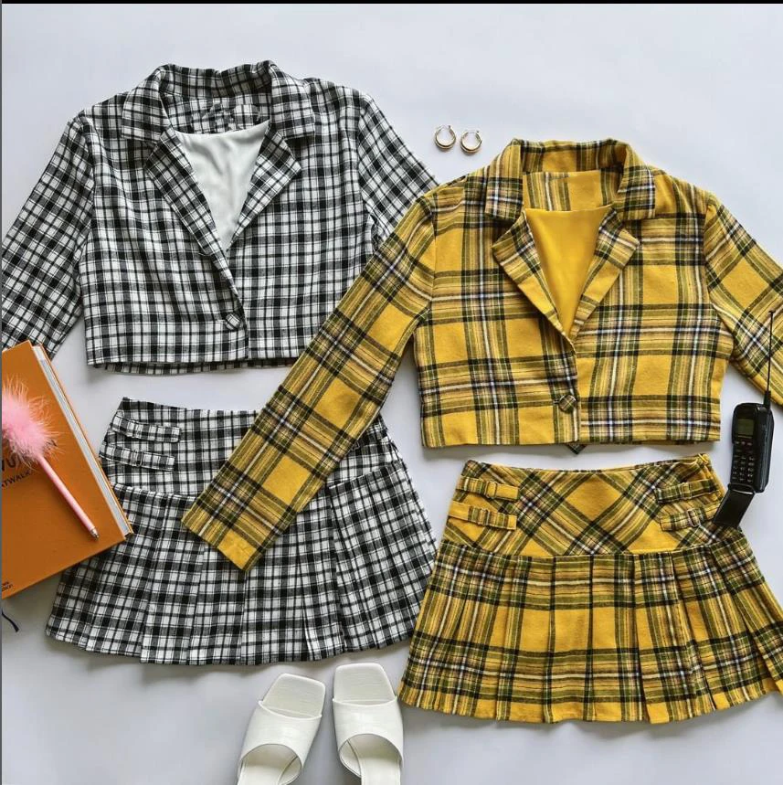 Women Autumn Academic Style 2 PCS Outfit Sets Long Sleeve Lapel V Cut Crop Tops + A-line Plaid Pleated Skirt Suit