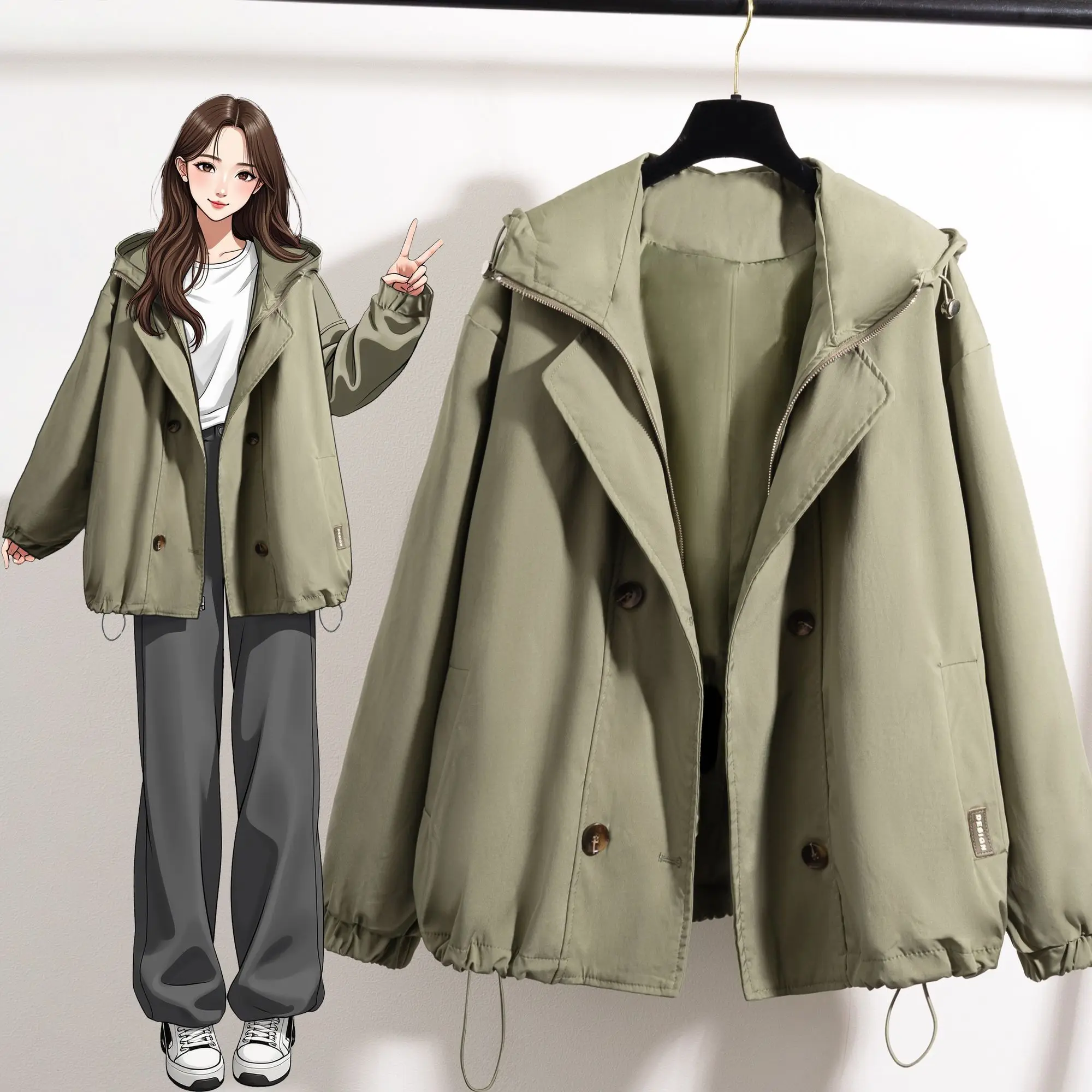Women Tooling Hooded Trench Coat Spring Autumn Short Jacket Loose Solid Color Zipper Overcoat Female Outerwear Gabardina Mujer