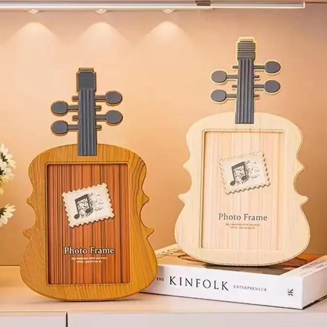 7 Inch Violin Photo Frame Creative Kids Frame Baby Student Set Up Table Wholesale Photo Studio Wood Grain Photo Frame Gifts
