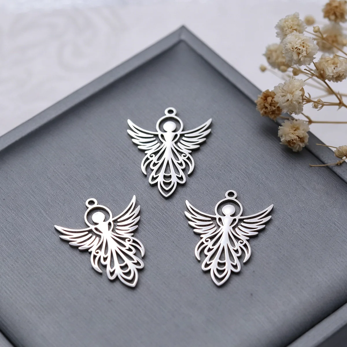 3pcs Guardian Angel Charms Stainless Steel Hollow Pendant for DIY Jewelry Making Necklace Earrings Keychain Wholesale