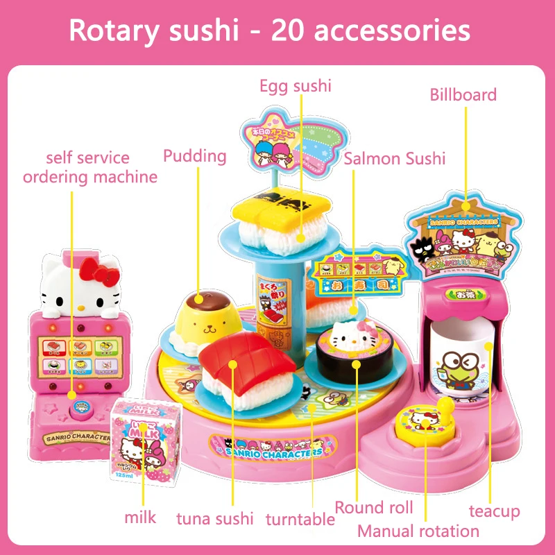 Sanrio Hello Kitty Kawaii Sushi Table Play House Kitchen Set Girls Eat Toys Anime Figure Pretend Play Toy For Children Girl Gift