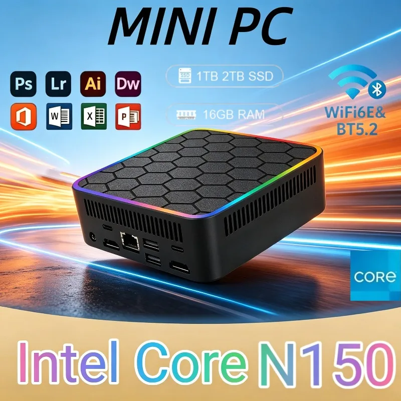 Mini PC Intel Core N150, 16GB RAM, 1/2TB SSD, WiFi 6, BT 5.2, 4K HD, Compact Desktop for Home Office & Business