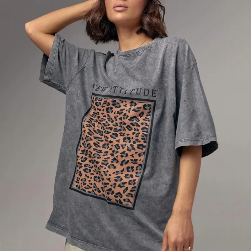 Round neck short-sleeved T-shirt, vintage do old wash vintage casual leopard print women\'s dress, summer short-sleeved top