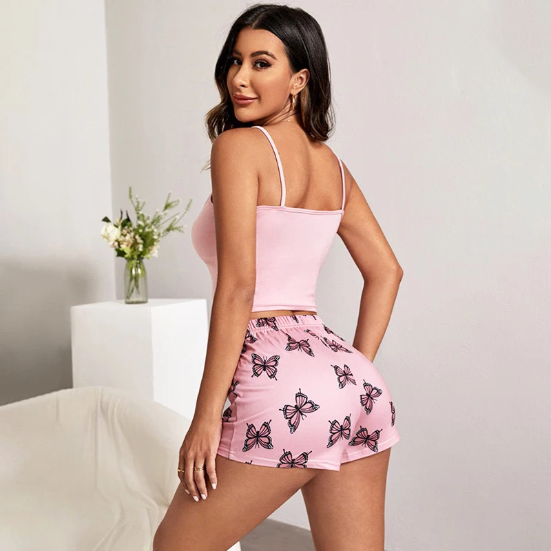 Summer Sexy Pajamas Butterfly Print Cami Pajamas Set Fashion Home Ladies Underwear Two Pieces Set Vest Shorts Pijamas Sleepwear