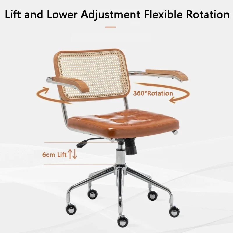 

Japanese Rattan Computer Chair Retro Rotating Comfortable Study Desk Seat Breathable Armrest Rattan Office Furniture