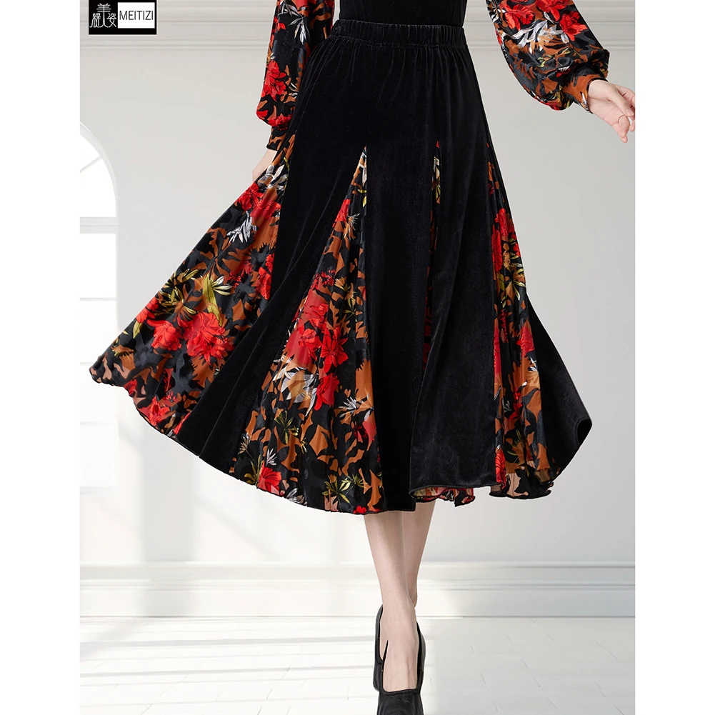 

Платье миди для соревнований по бальным танцам, стандартный принт, вальс, новая женская бархатная юбка с принтом для практики, юбка для современного танца с высокой талией