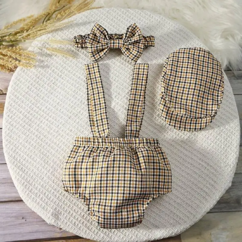 ملابس احتفالات حديثي الولادة للأولاد بنطال بحزام مربعات مع قبعة وربطة عنق لالتقاط الصور من عمر 0 إلى شهر واحد #4