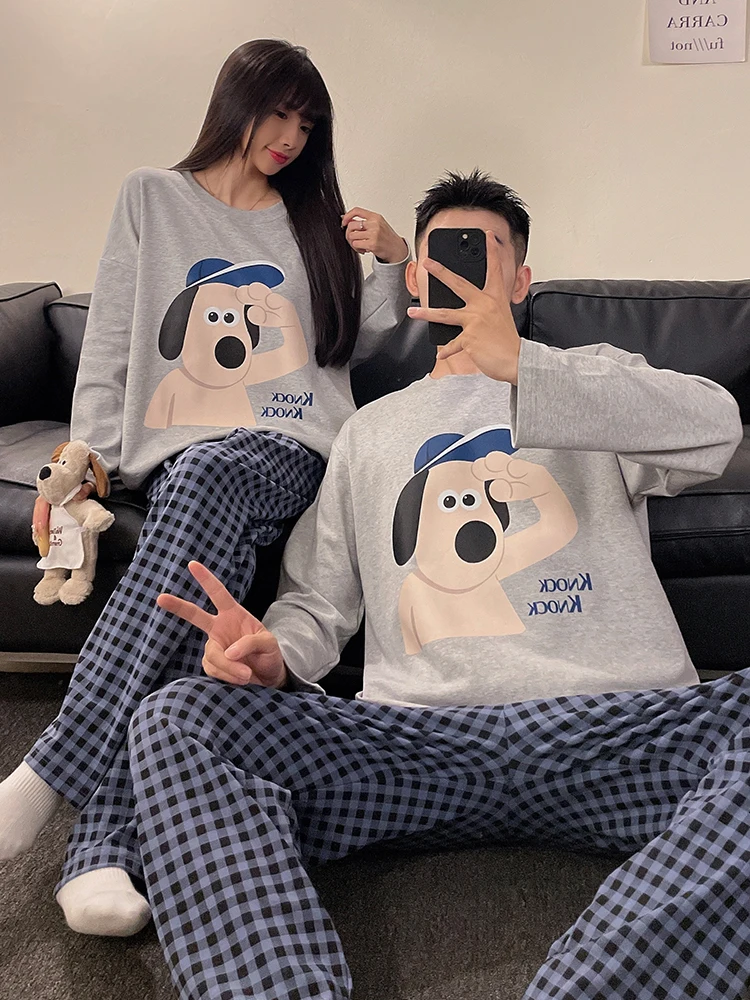 DAIMELU spring sleepwear set autumn couple pajamas women's cotton long-sleeved trousers nightwear men's cartoon teen loungewear