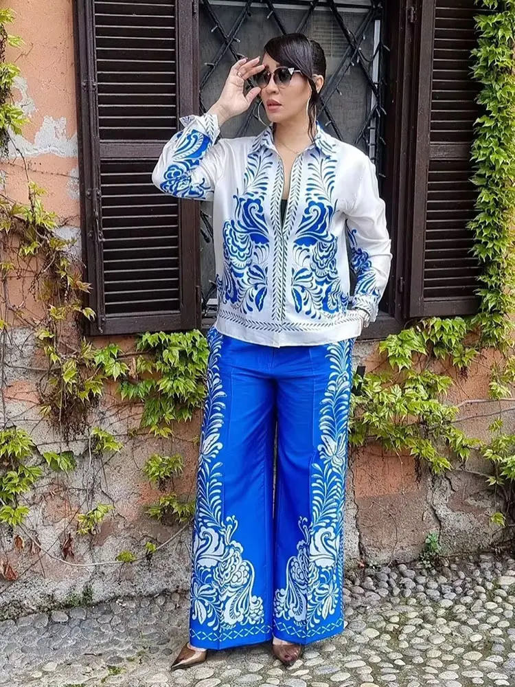 

TRAFZA Woman's Fashion Print Turn-Down Collar Long Sleeves Single Breasted Shirts+High Waist Zipper Wide Leg Pant Female Sets