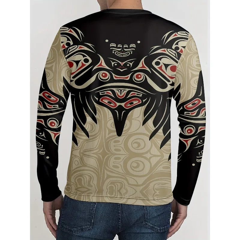 

Длинный рукав с длинным рукавом коренного тотема, винтажный дизайн с 3D-принтом в этническом стиле, модный мужской нишевый культурный наряд