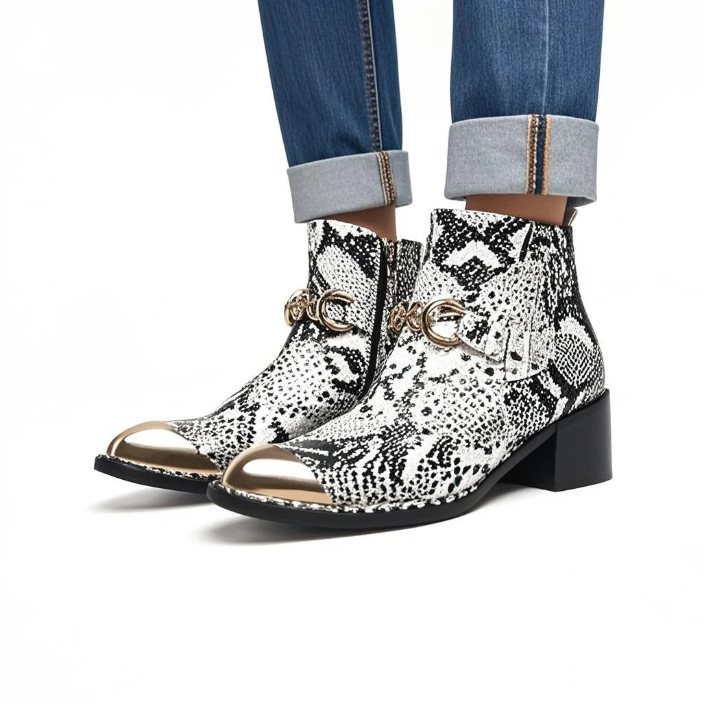 Designer Metall Karree Cowboy Motorrad Kurze Stiefel Männlich Große Größe Nieten Echtes Leder Stiefeletten Business Formale Schuhe – Detail 16