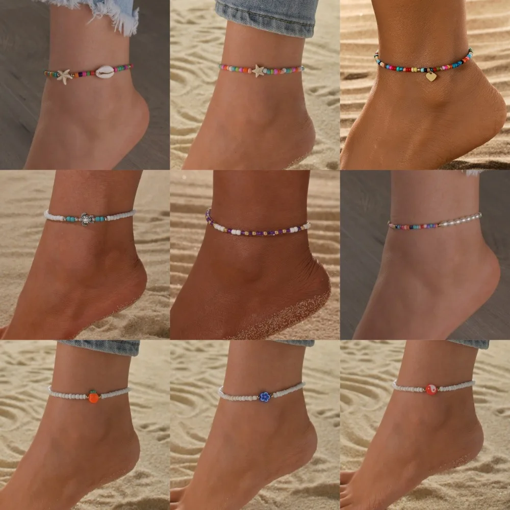Bohemian Minimalist Multiple Styles Rainbow Mixed Bead Assorted Floral Star Stretch Anklets for Women Hawaii Vacation Jewelry