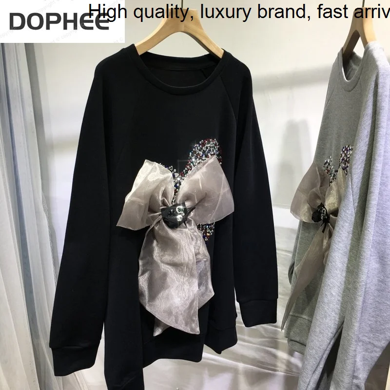 

Bow Casual Diamond Women Pullovers Mid-long Grey Cotton Sweatshirts Autumn Fashion O-neck Long Sleeve Students Hoodies Tops