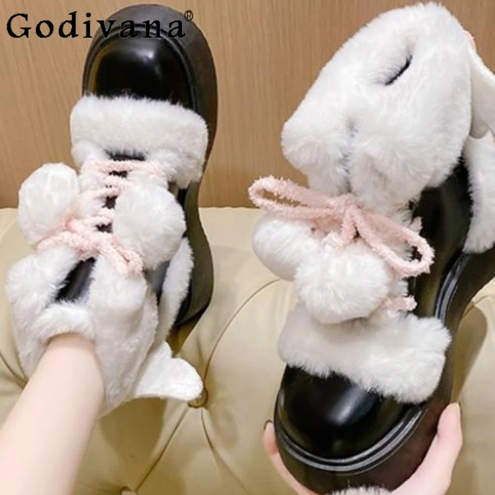 

Girl Retro Autumn Winter Fluffy Boot College Style 2024 New Snow Boots Velvet Cotton Women Shoes