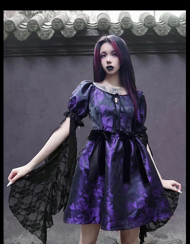 

Original Design Gothic Puff Short Sleeve Bow Ties Lace Flying Sleeve Short Dress Summer Punk Goth Party Purple Dress Summer