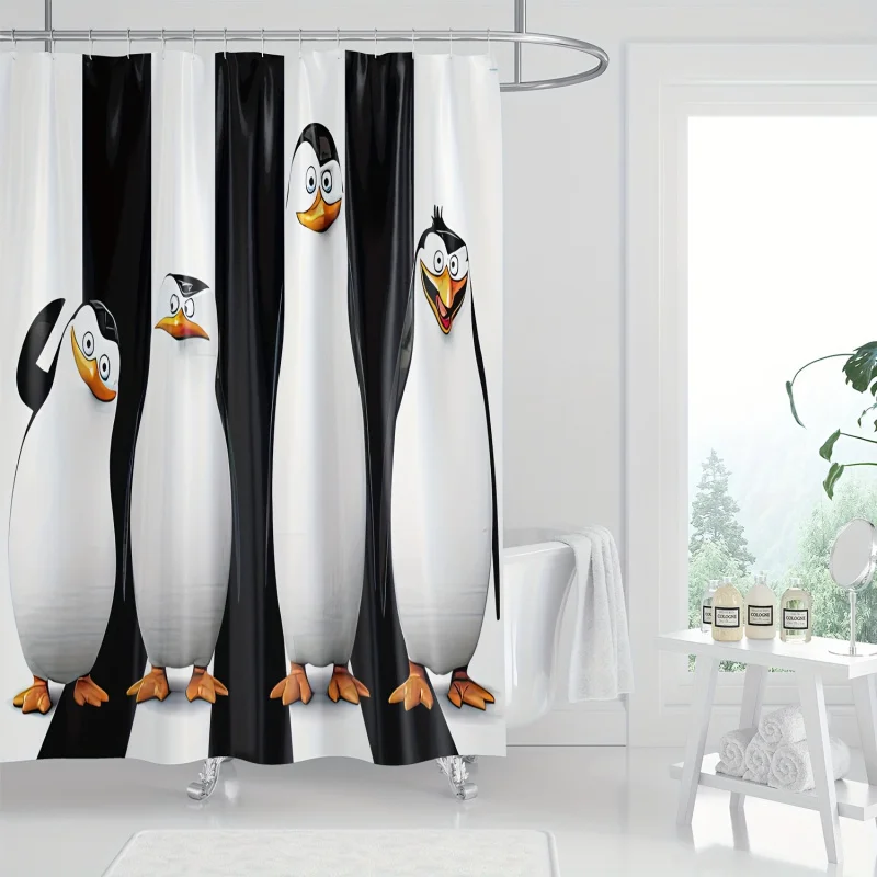 Cortina de ducha de hermanos pingüinos de dibujos animados, impresión digital en blanco y negro, lavable a máquina, decoración de baño, 1 ud.