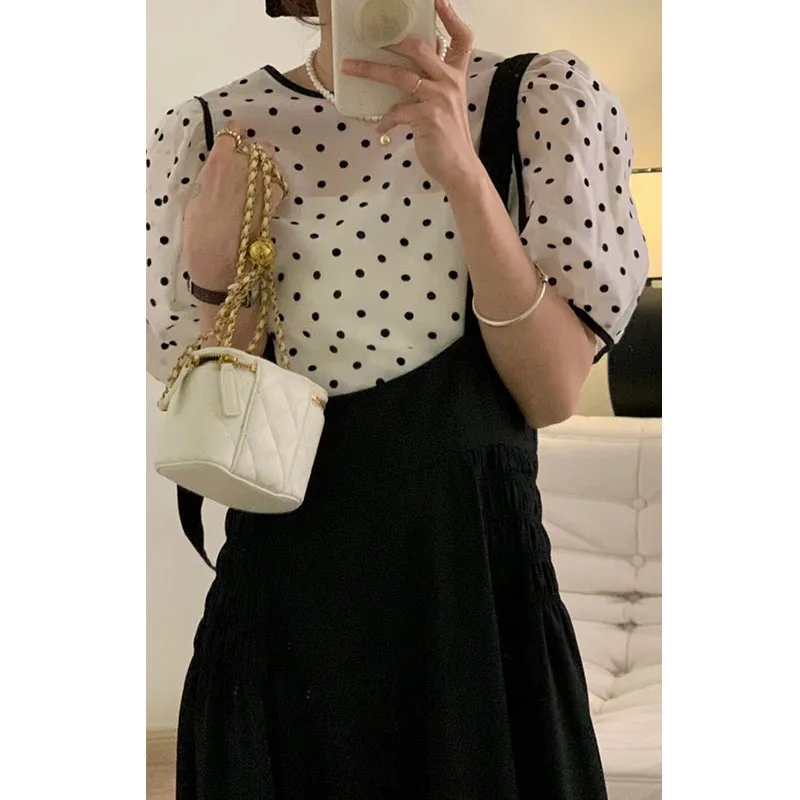 Chic Summer Polka Dot Bubble Sve irt round Ne Long Waist Cinched Dr Two Piece Set Faionable Casual Women's Outfit