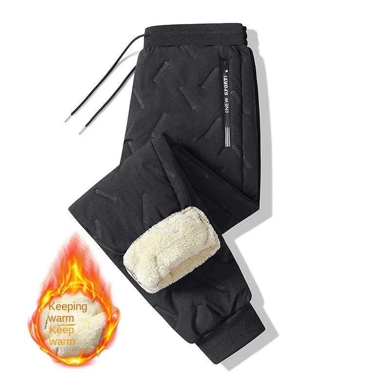 Men Lamb Fleece Lined Winter Pants Thick Warm Windproof Casual Trousers