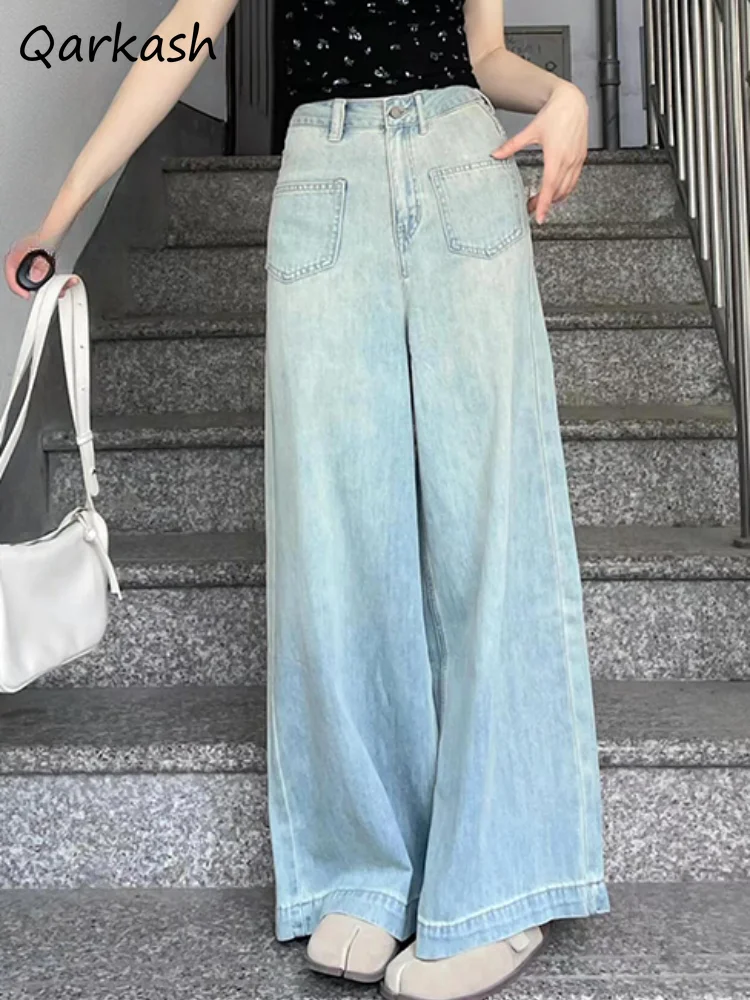 

Jeans for Women Summer New High Waist Baggy Wide Leg Thin Straight Pocket Light Blue Oversized Trousers Ulzzang Prevalent Chic