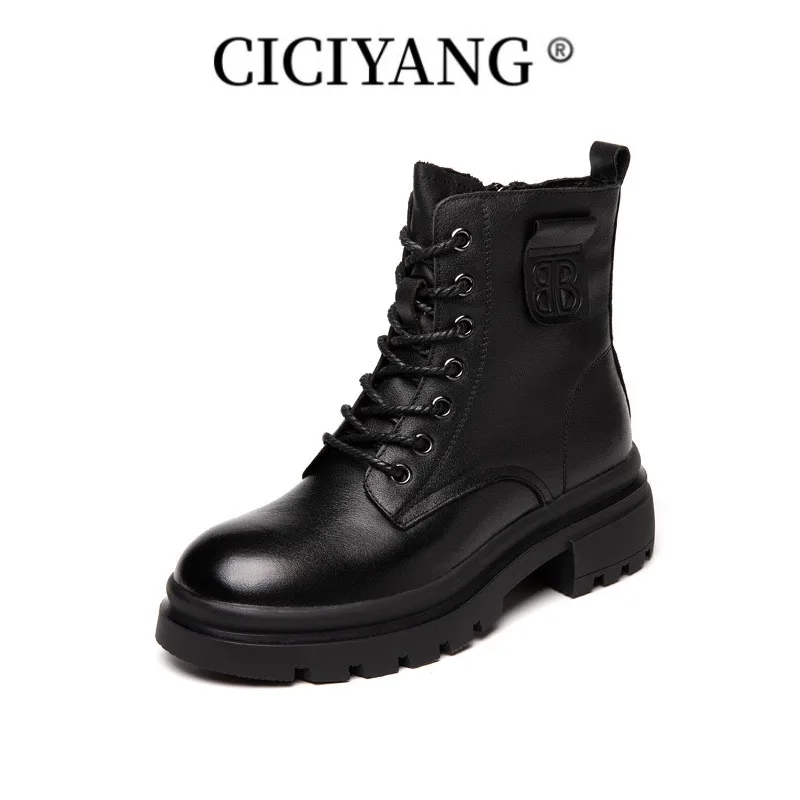 

CICIYANG Winter Boots Genuine Leather 2023 New Fashion Wool Warm Women Ankle Boots British Style Women Motorcycle Boots