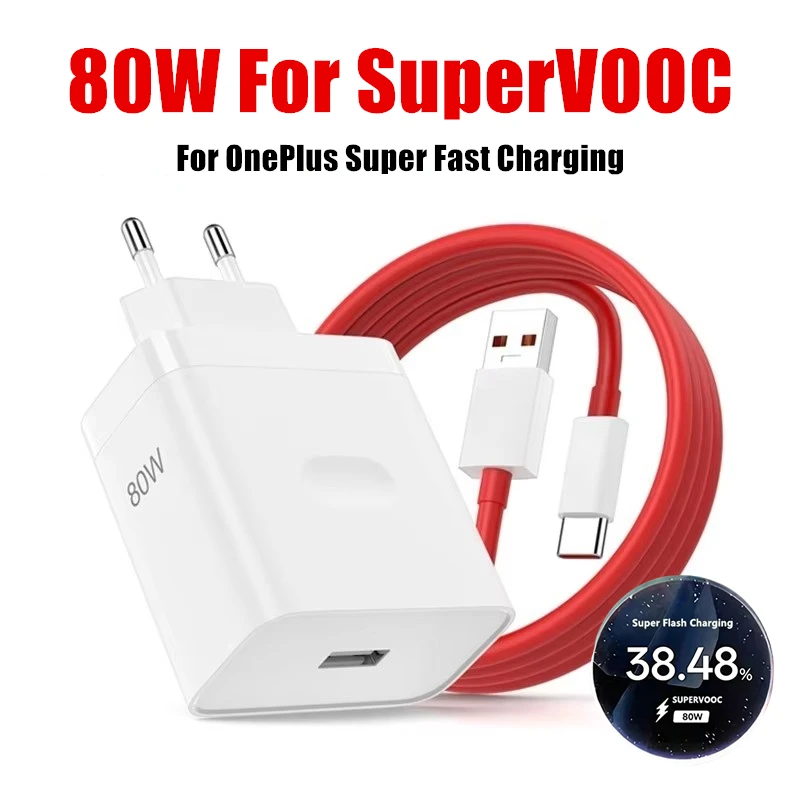 80W SuperVOOC EU Fast Wall Charger For OnePlus 8 9 10 11 12 13 15 Nord CE 2 3 Lite 4 5 OPPO Realme Type C USB Quick Charge Cable