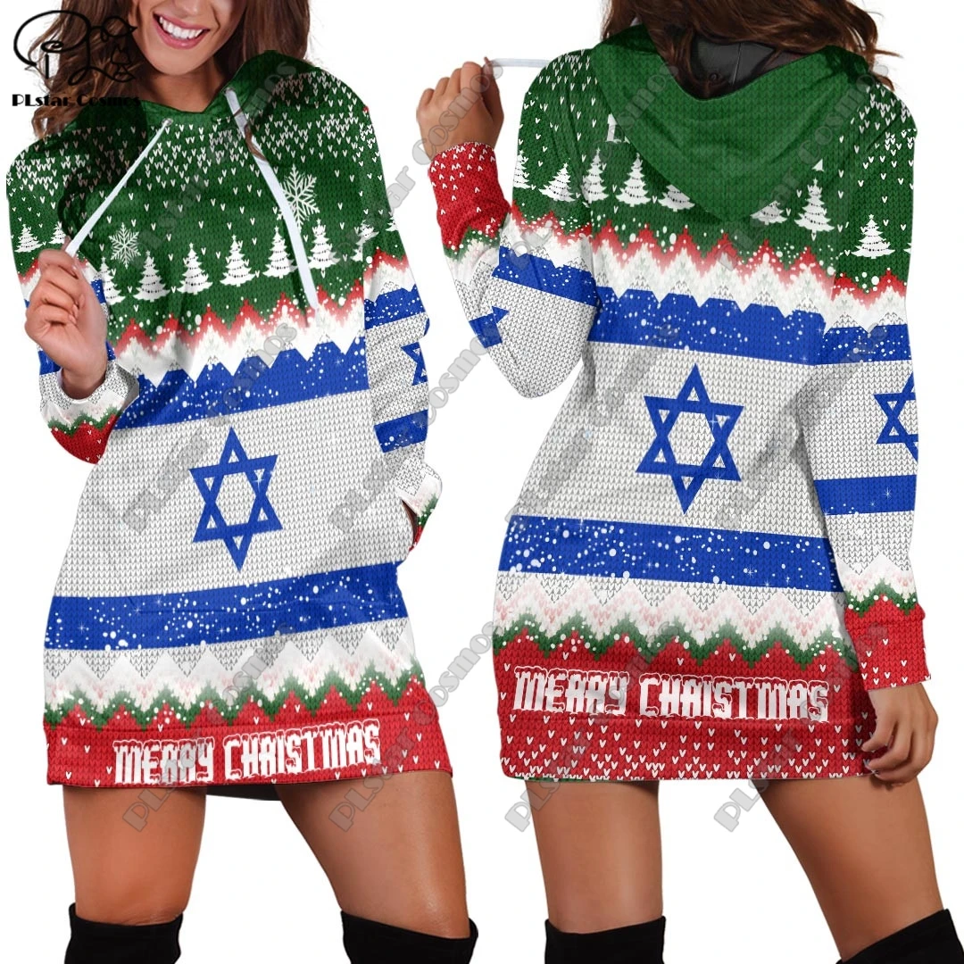 PLstar Cosmos 3D Printed Israel Coat of Arms Flag Colorful Pattern Women's Hooded Long Sleeve Dress Harajuku Street Unique