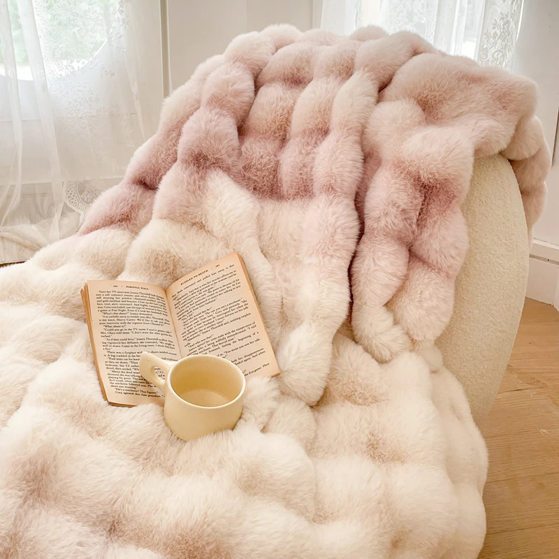 Faux Fur Velvet Fleece Blanket, Winter Blanket, Double Layer, Warm, Cashmere, Coral, Faux Rabbit Fur, Bed Sheet, Gradient Pink