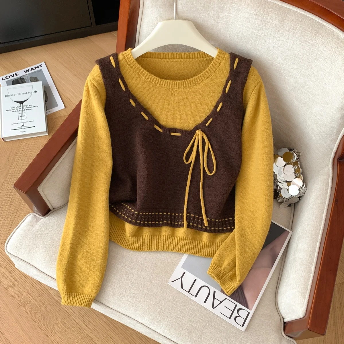 

Женский желтый пуловер, свитер, комплект из 2 предметов, винтажный джемпер в корейском стиле, вязаный кашемировый свитер с длинными рукавами и круглым вырезом, одежда 2000-х годов