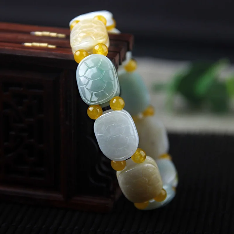 

Burma Jadeite Three-Color Bracelet Emerald Pit Ice Waxy Kinds Shell of Turtle Men's and Women's Bracelets Send Certificat