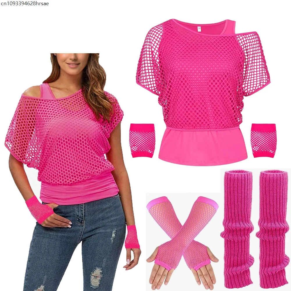 

80s Outfit For Women 1980s Prom Costume Retro Women Neon Mesh T-Shirt Gloves Set Fancy 80s Party Dress Up Accessories