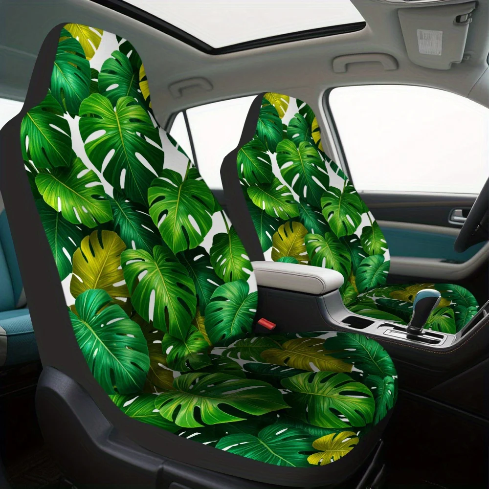قطعتان من أغطية مقاعد السيارة المطبوعة بأوراق استوائية خضراء - قابلة للغسل، بوليستر متين، مناسب عالمي للسيارات وسيارات الدفع الرباعي والشاحنات - Gre نابضة بالحياة #3