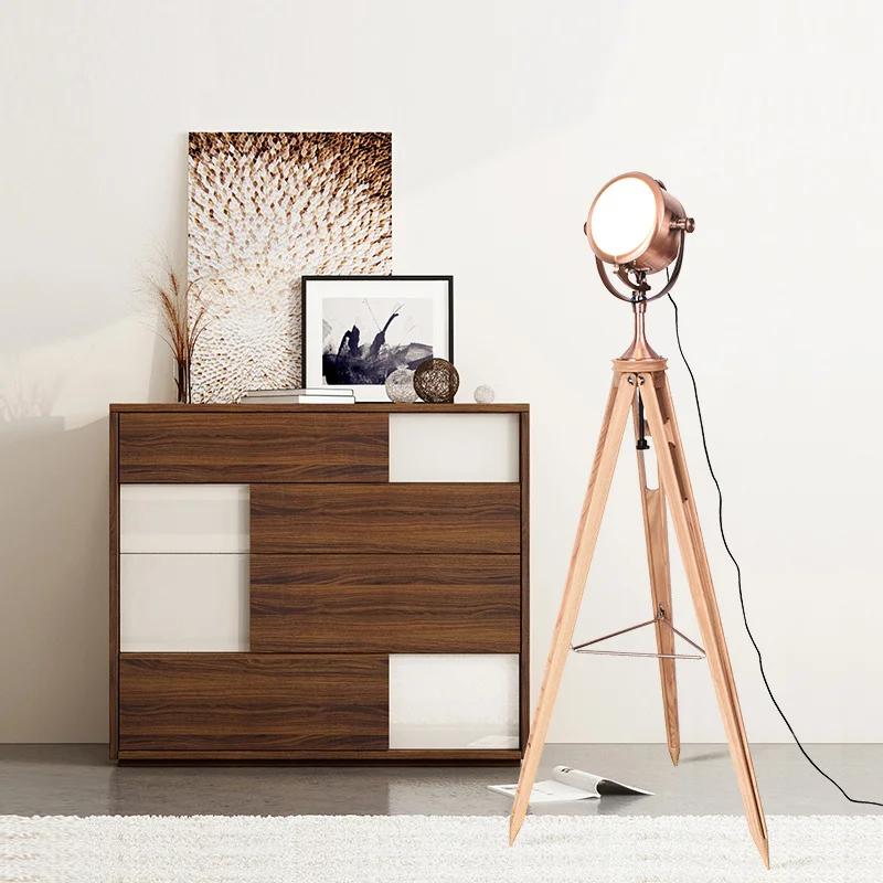 Nordic Art Retro Tripod Originality Solid Wood Telescope Corner Led Floor Lamp Living Room Bedside Table Light for Bedroom Decor