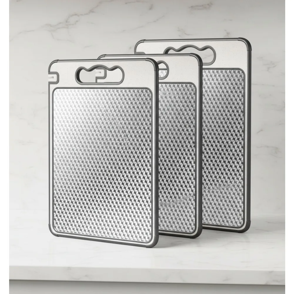 

Double Sided Stainless Steel & Wheat Straw Cutting Board Set, Non-Toxic Dishwasher Safe Scratch Resistant 3Pcs Kitchen