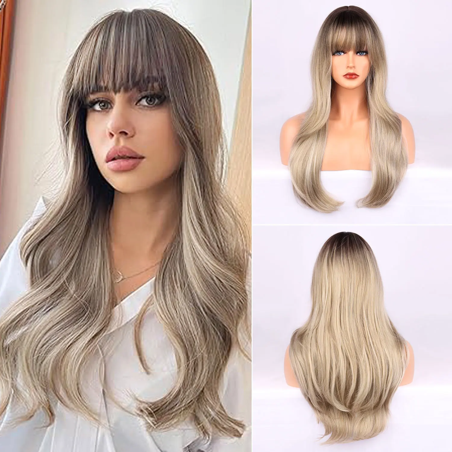 

Qi bangs full head long curly hair gray blond gradual change temperament big wave wig