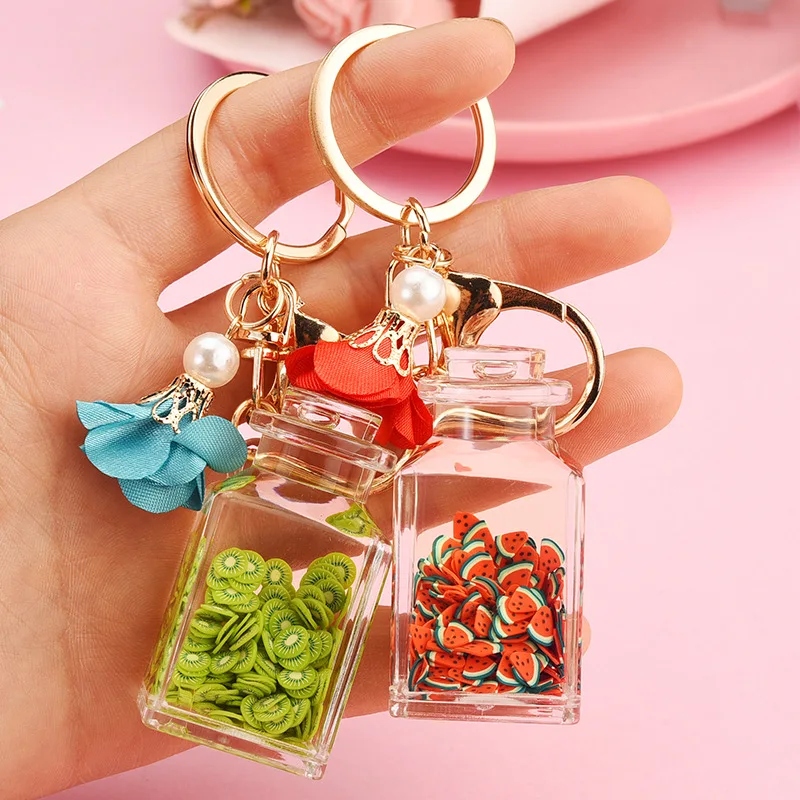 keychain kiwi Simulation Fruit Floating Keychain Cute Watermelon Kiwi Liquid Milk Tea Bottle Keyring Women Summer Bag Key Holder