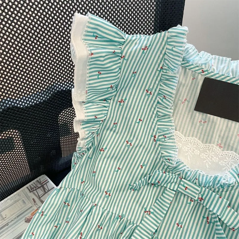Kimotimo Sweet Cherry Striped Flying Sleeve Shirt Women Summer Patchwork Lace Bow Slim Design Tops Fashion Bandage Y2k Blouse
