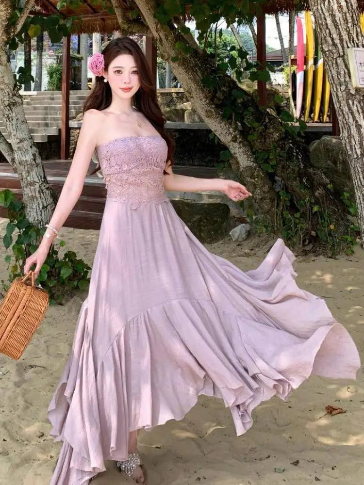 

Summer Vintage Purple Patchwork Lace Elegant Sleeveless Off Shoulder Strapless Long Dress Women Sexy Backless Vacation Dress New