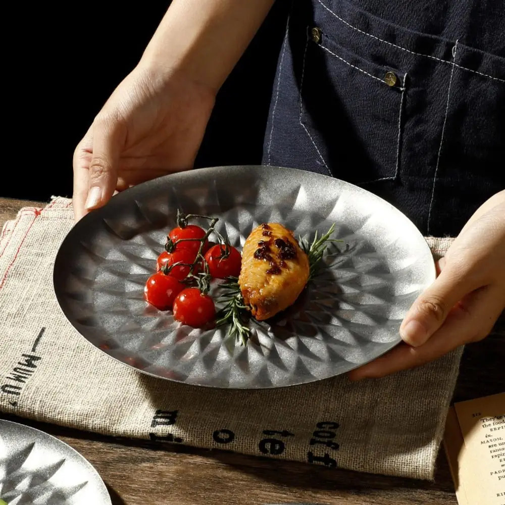 

Practical Retro Barbecue Round Tray Thickened Hammer Pattern Steak Salad Plate Reusable Durable Hot Pot Tray Kitchen Organizer