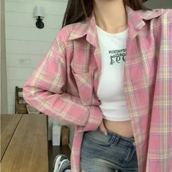 EBAIHUI Korean Summer Autumn Loose Speical Design Blouses Thin Pink Plaid Shirt Woman  Oversize Long Sleeved Lapel Collar Blusas