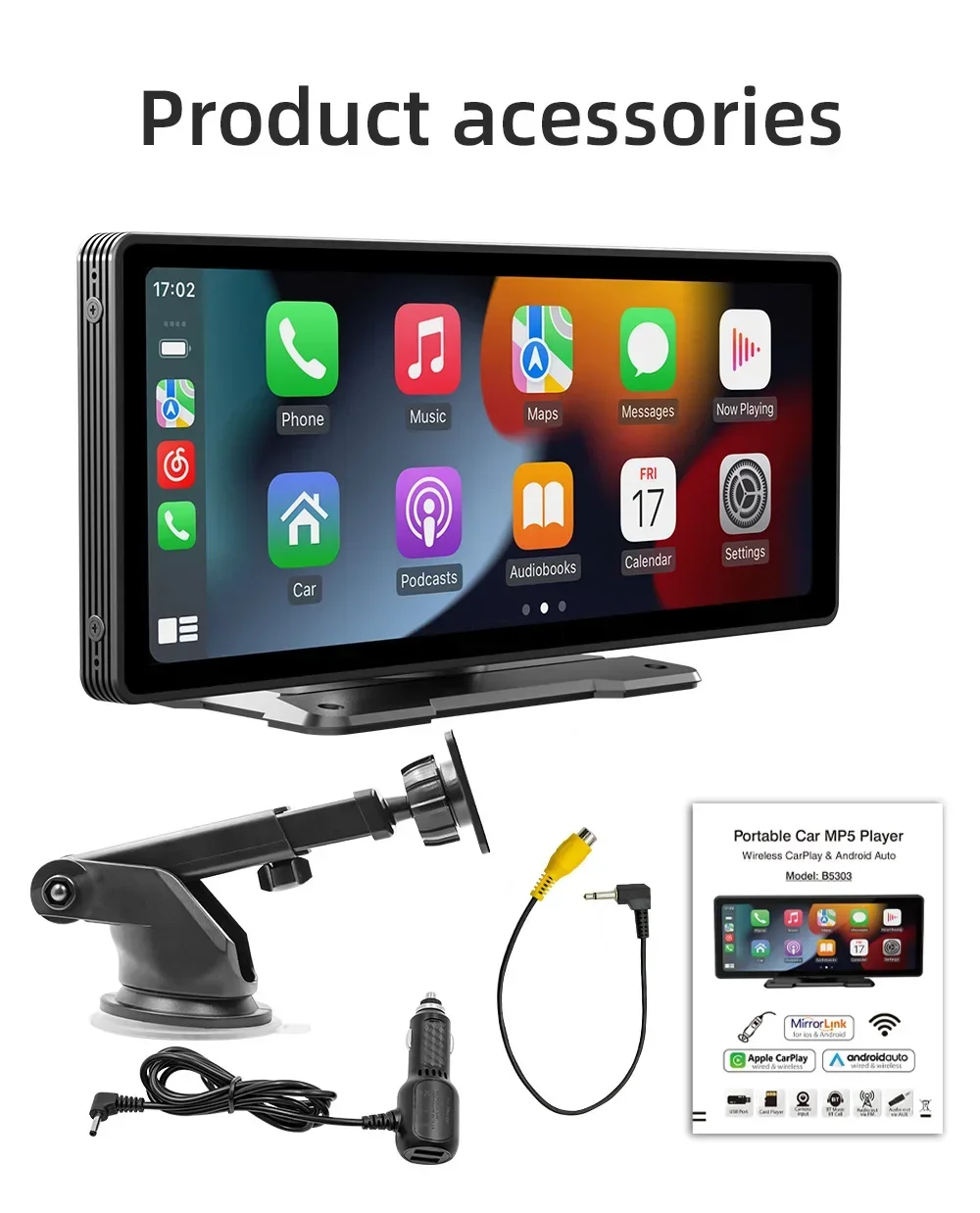 Moniteur de voiture sans fil CarPlay/Android-Auto, 10.26 pouces, caméra à écran HD, transmetteur FM Bluetooth, lecteur vidéo USB TF